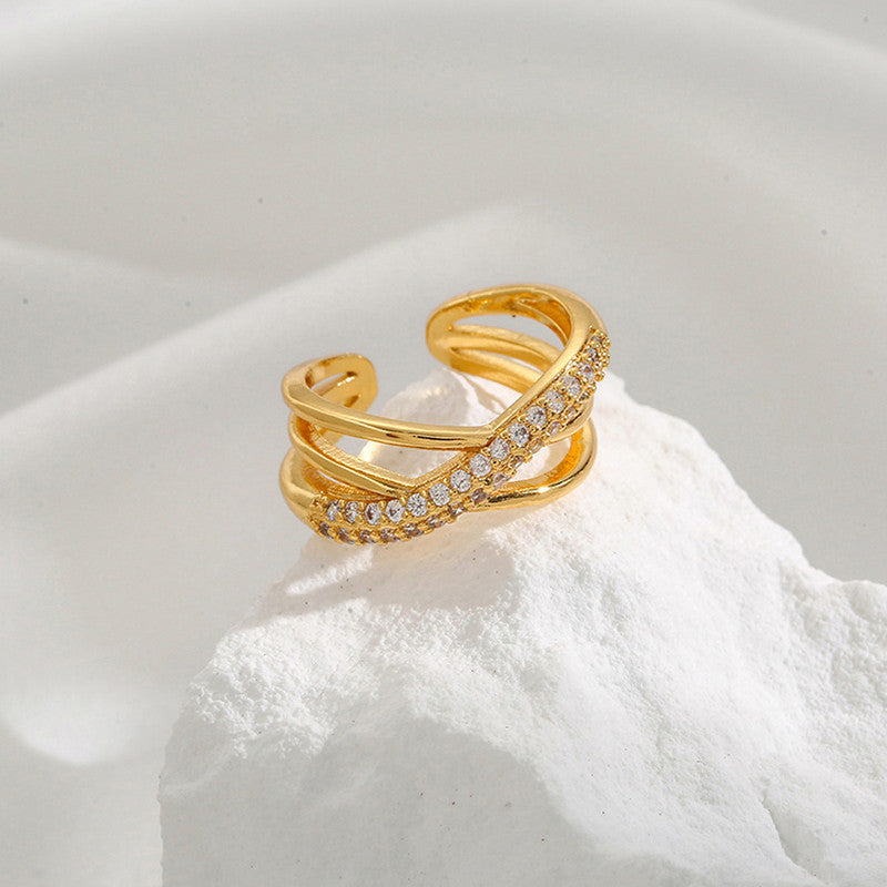 Gold Cross Band Ring with Crystal Detail