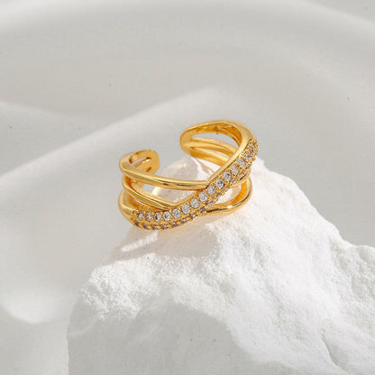 Gold Cross Band Ring with Crystal Detail