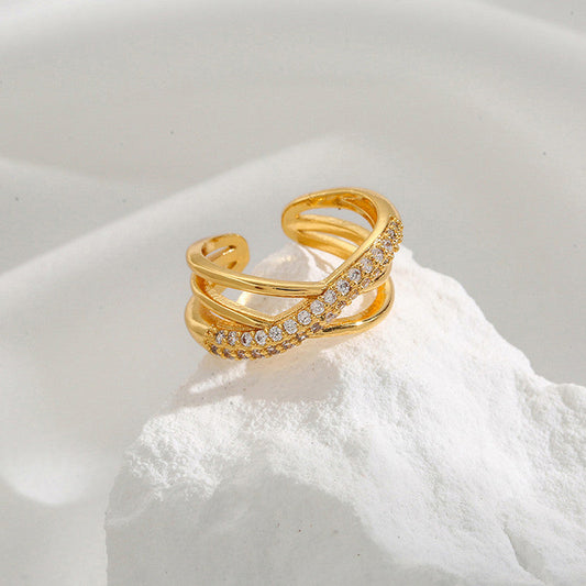 Gold Cross Band Ring with Crystal Detail