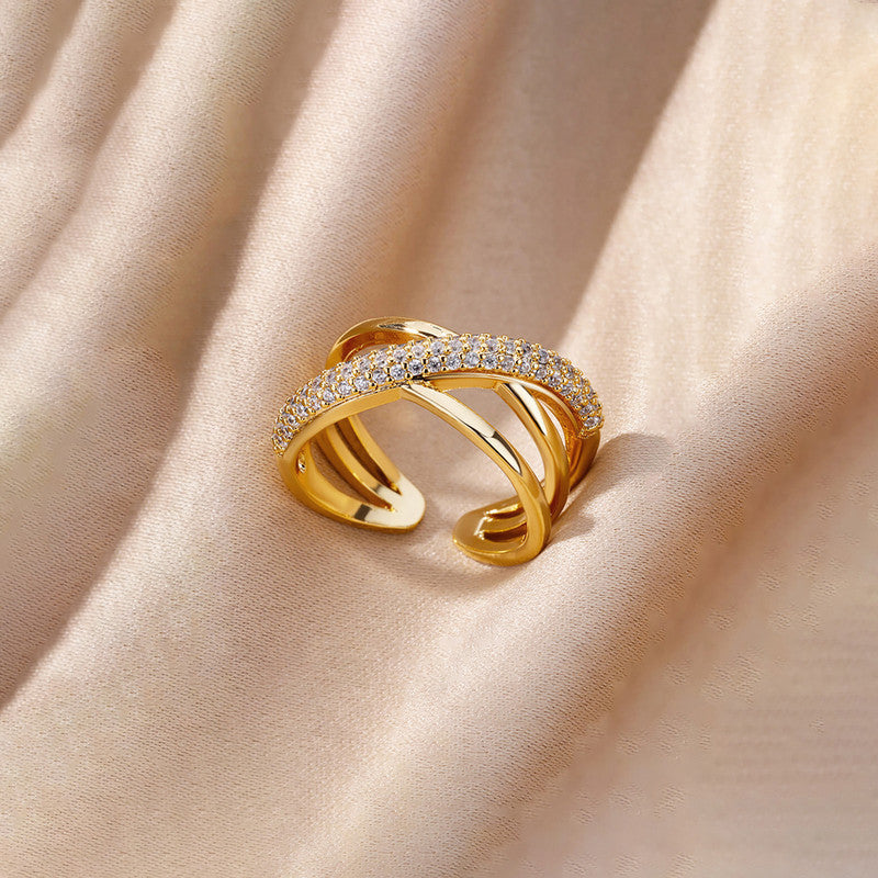 Gold Cross Band Ring with Crystal Detail
