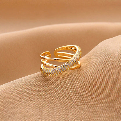 Gold Cross Band Ring with Crystal Detail