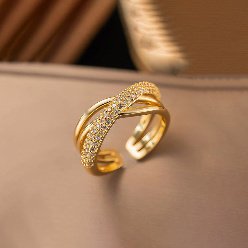 Gold Cross Band Ring with Crystal Detail
