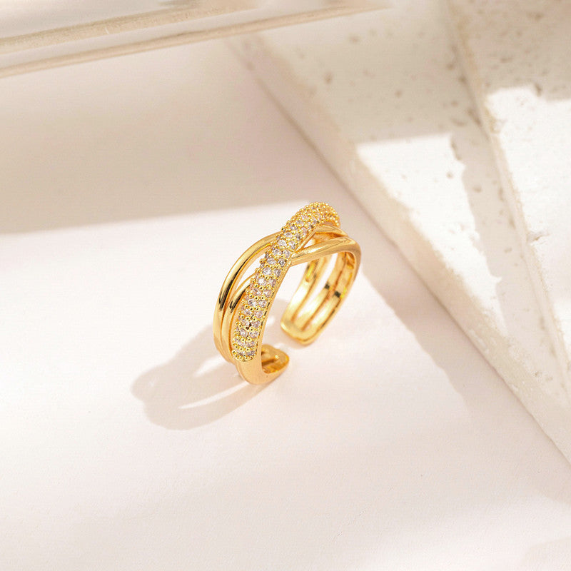 Gold Cross Band Ring with Crystal Detail
