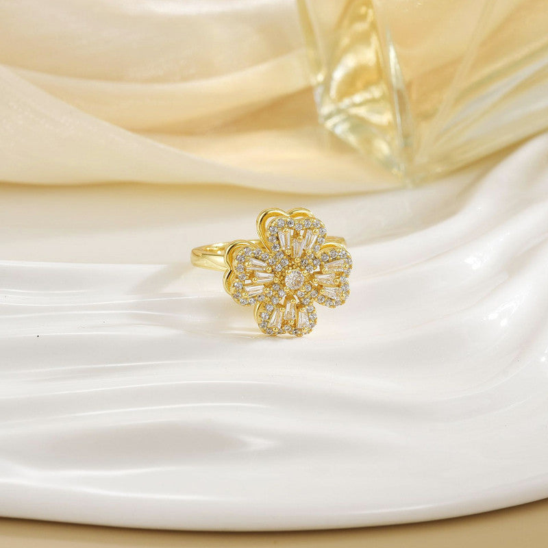 Gold Flower Ring with Crystal Detailing