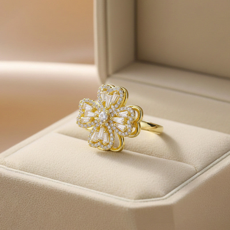 Gold Flower Ring with Crystal Detailing