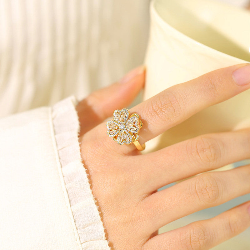 Gold Flower Ring with Crystal Detailing