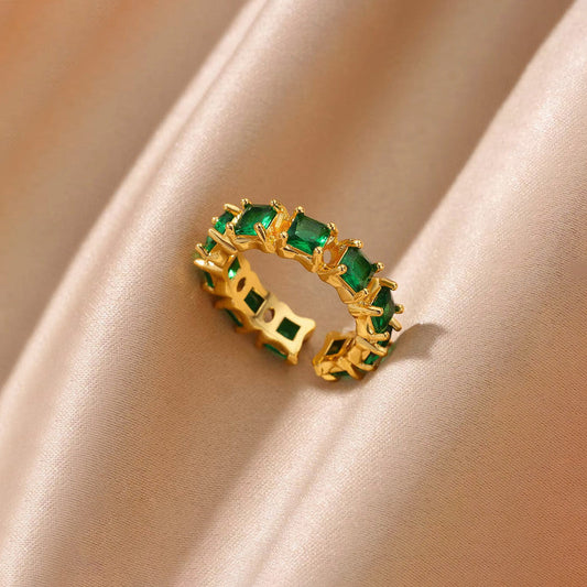 Gold-Plated Green Emerald-Cut Crystal Band Ring