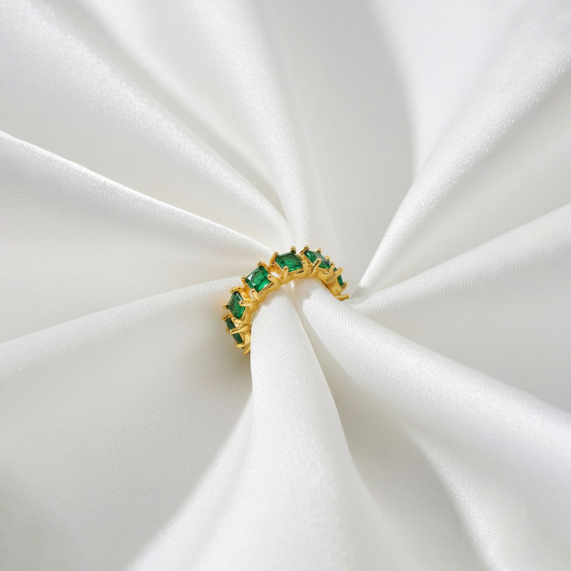 Gold-Plated Green Emerald-Cut Crystal Band Ring