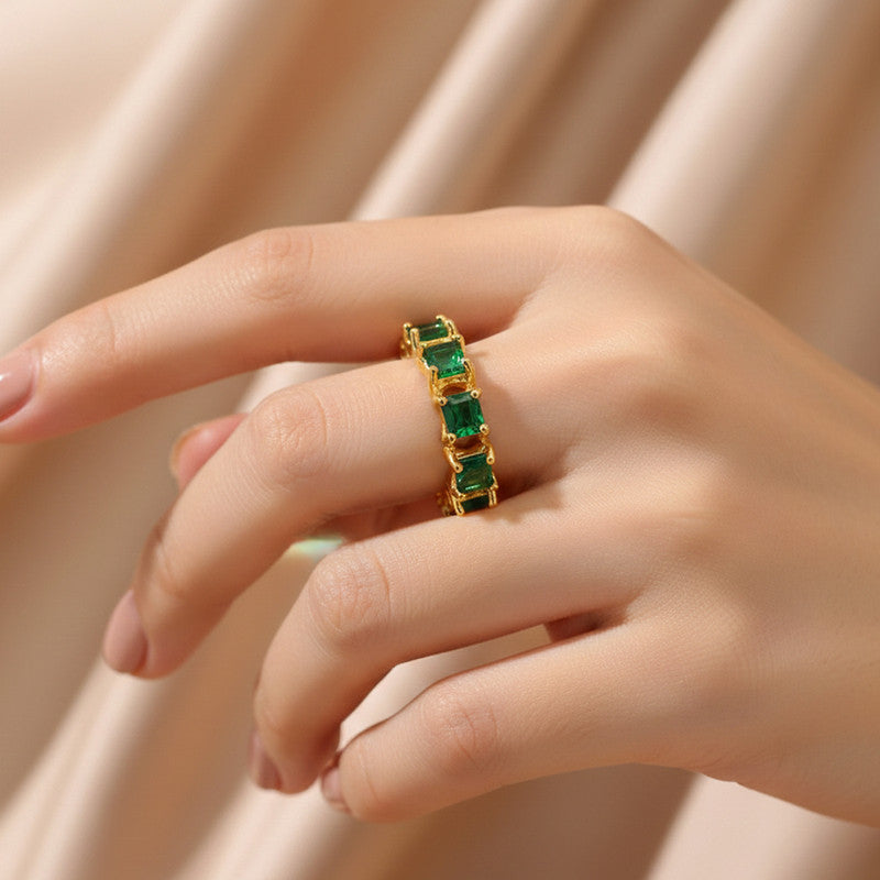 Gold-Plated Green Emerald-Cut Crystal Band Ring