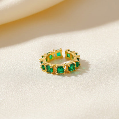 Gold-Plated Green Emerald-Cut Crystal Band Ring