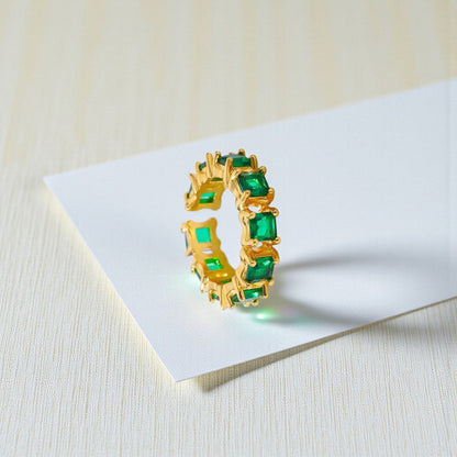 Gold-Plated Green Emerald-Cut Crystal Band Ring