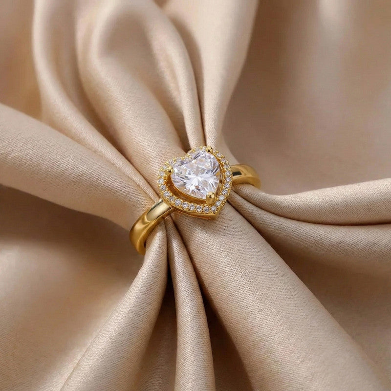 Gold-Plated Heart Crystal Ring with Halo