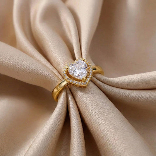 Gold-Plated Heart Crystal Ring with Halo