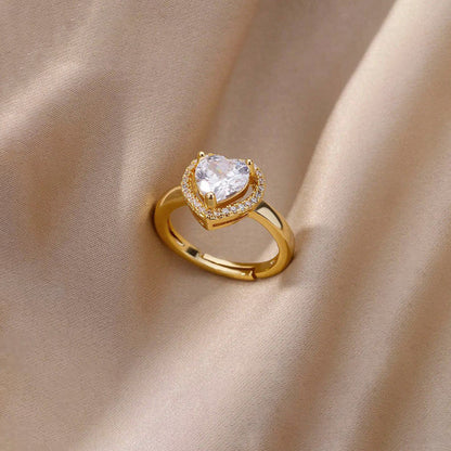 Gold-Plated Heart Crystal Ring with Halo