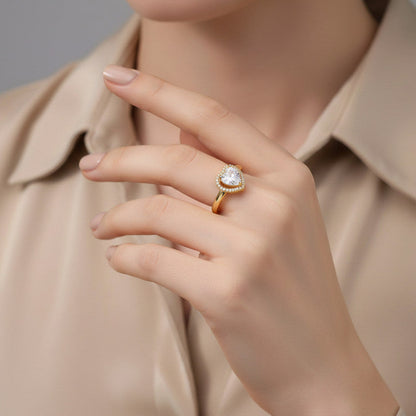 Gold-Plated Heart Crystal Ring with Halo