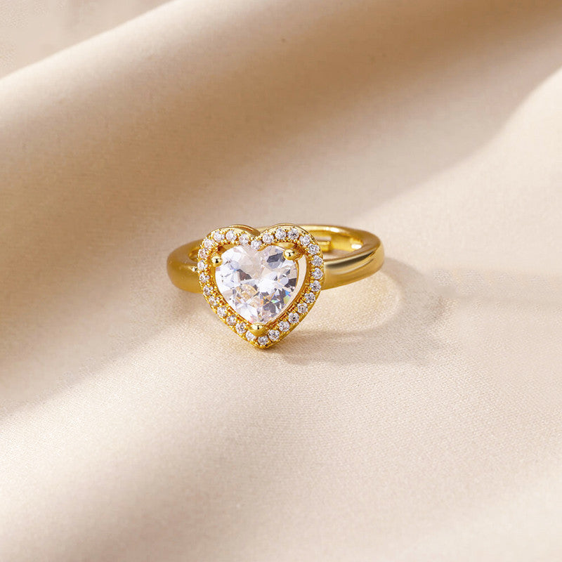 Gold-Plated Heart Crystal Ring with Halo