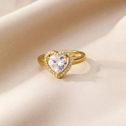 Gold-Plated Heart Crystal Ring with Halo