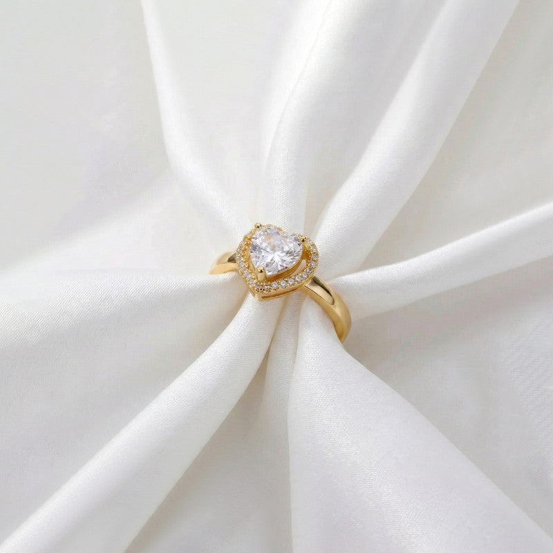 Gold-Plated Heart Crystal Ring with Halo