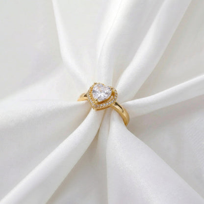 Gold-Plated Heart Crystal Ring with Halo