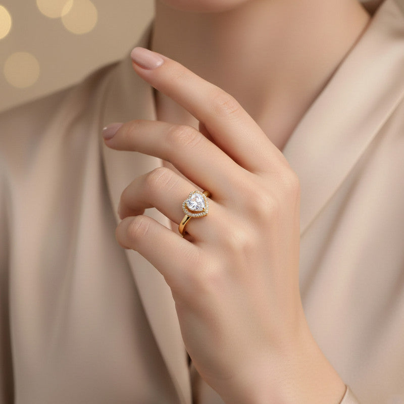 Gold-Plated Heart Crystal Ring with Halo