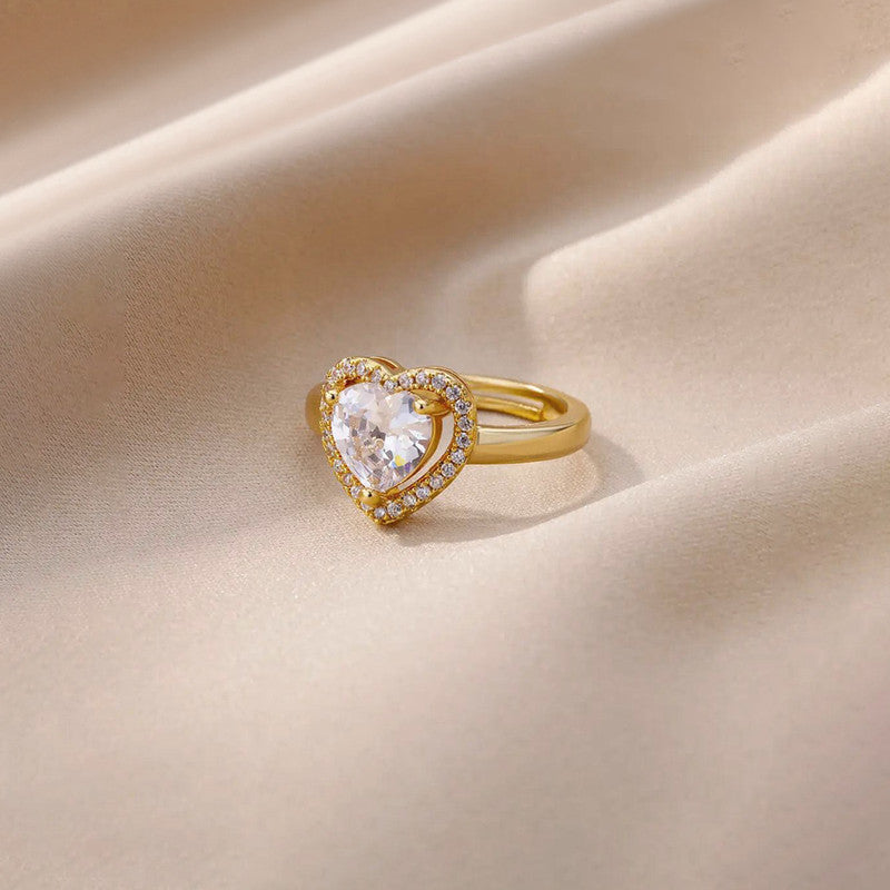 Gold-Plated Heart Crystal Ring with Halo