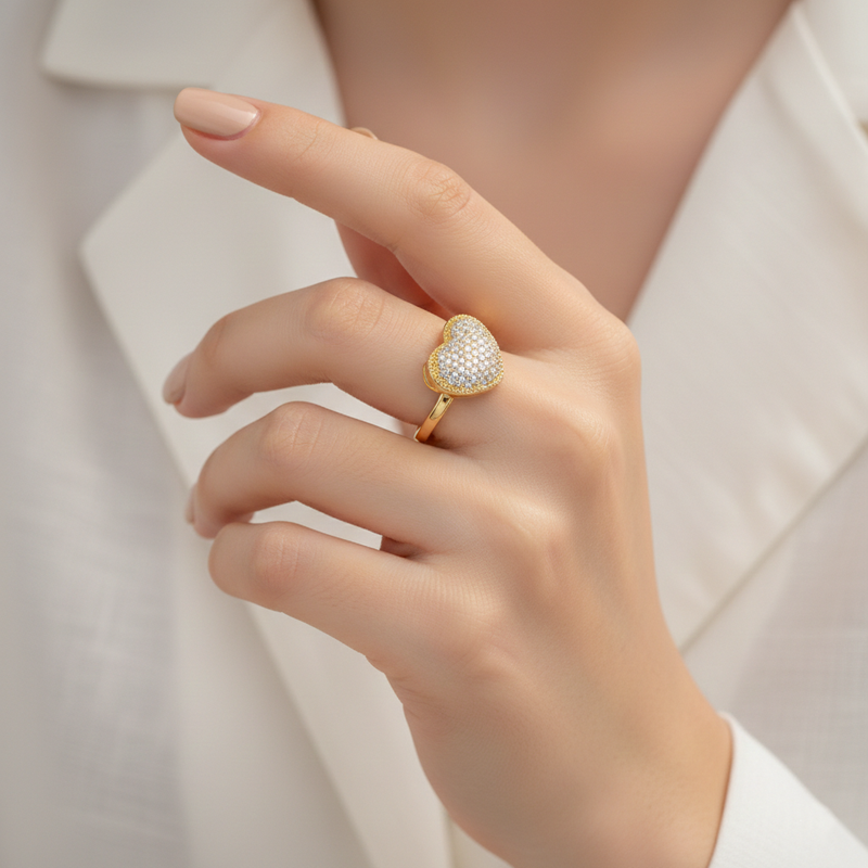 Elegant Crystal Heart Gold Ring for Women