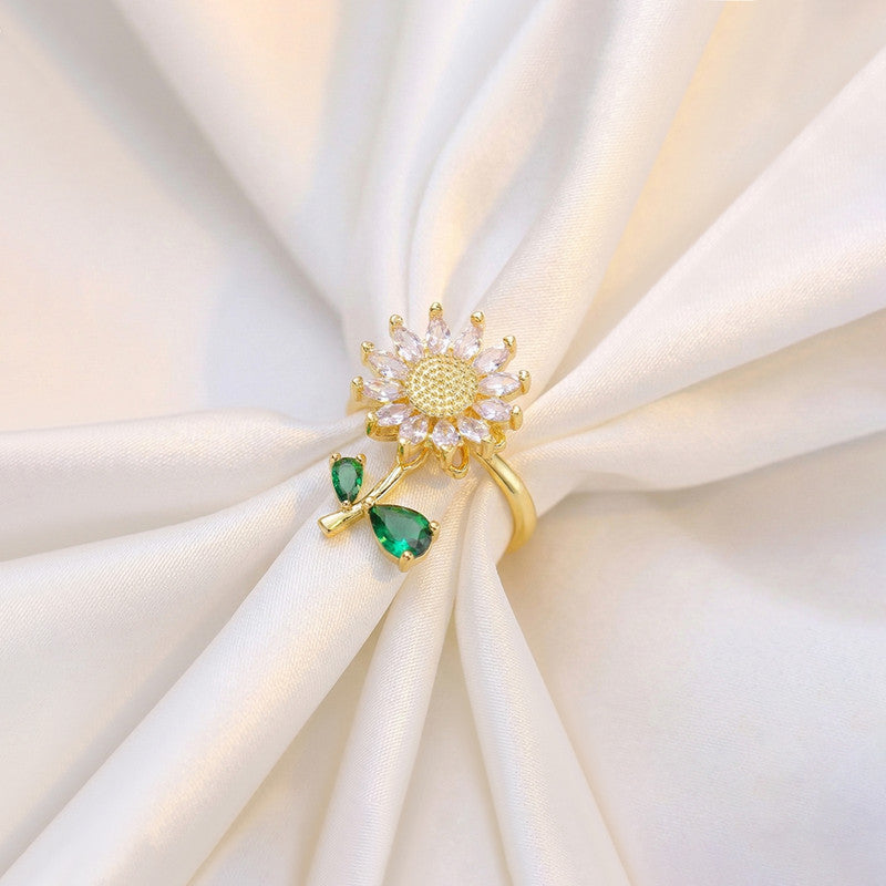 Gold-Plated Crystal Flower Ring with Green Stone Accent