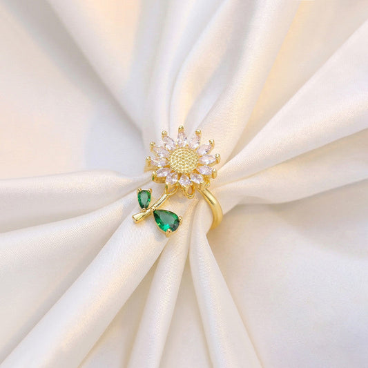Gold-Plated Crystal Flower Ring with Green Stone Accent