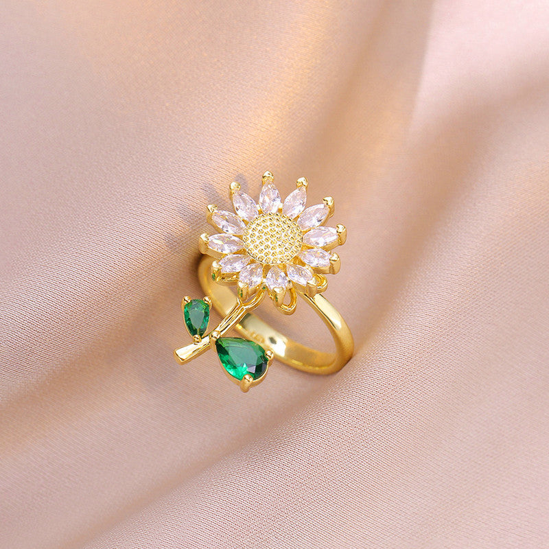 Gold-Plated Crystal Flower Ring with Green Stone Accent
