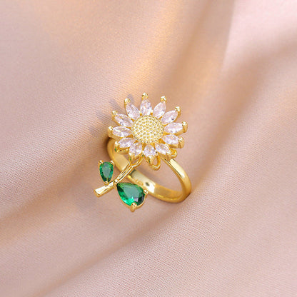 Gold-Plated Crystal Flower Ring with Green Stone Accent