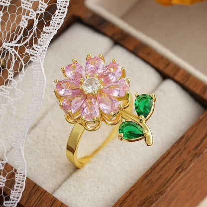Gold-Plated Pink Crystal Flower Ring with Green Stone