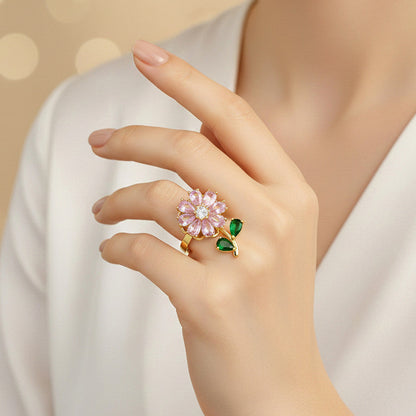 Gold-Plated Pink Crystal Flower Ring with Green Stone