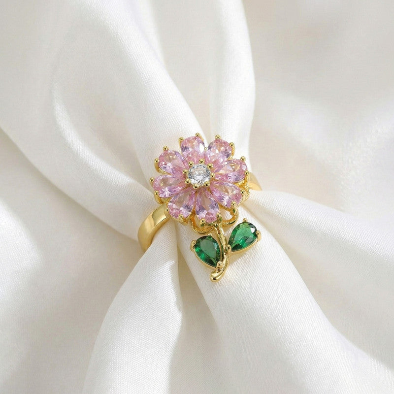 Gold-Plated Pink Crystal Flower Ring with Green Stone