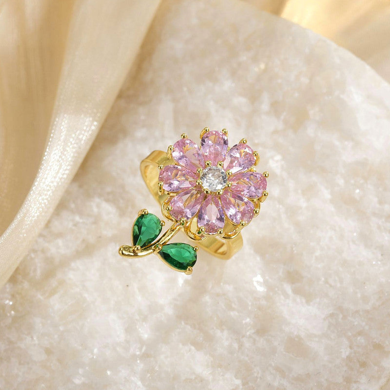 Gold-Plated Pink Crystal Flower Ring with Green Stone