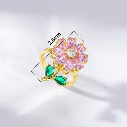 Gold-Plated Pink Crystal Flower Ring with Green Stone