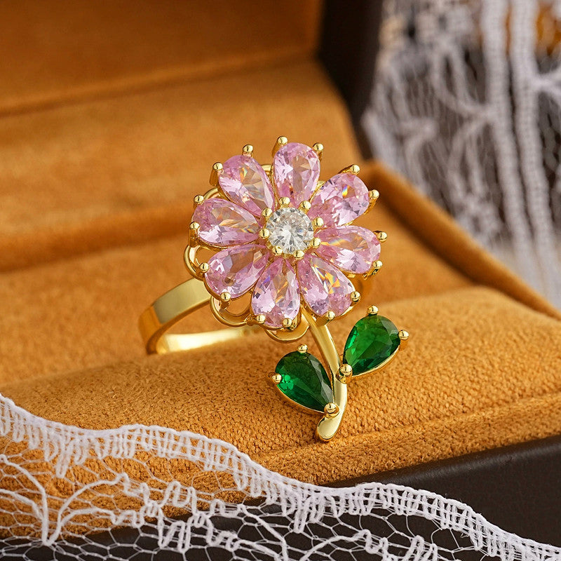 Gold-Plated Pink Crystal Flower Ring with Green Stone