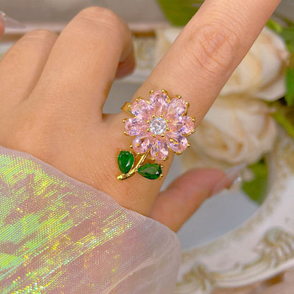Gold-Plated Pink Crystal Flower Ring with Green Stone