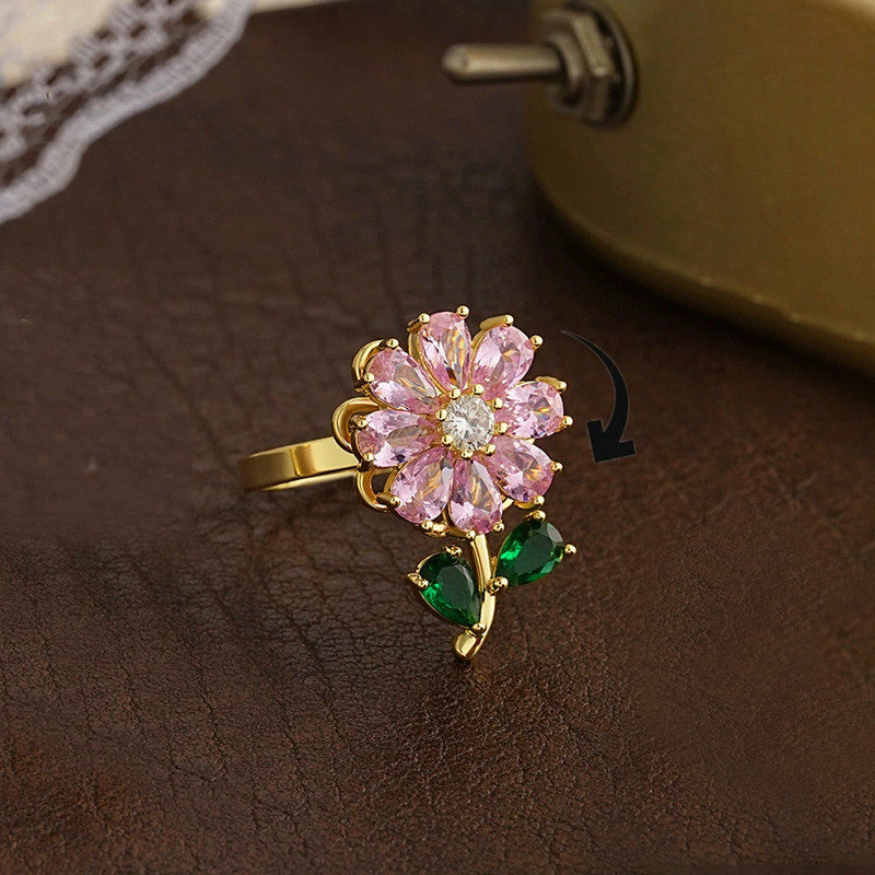 Gold-Plated Pink Crystal Flower Ring with Green Stone