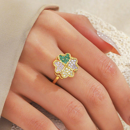Gold-Plated Crystal Four Leaf Clover Ring