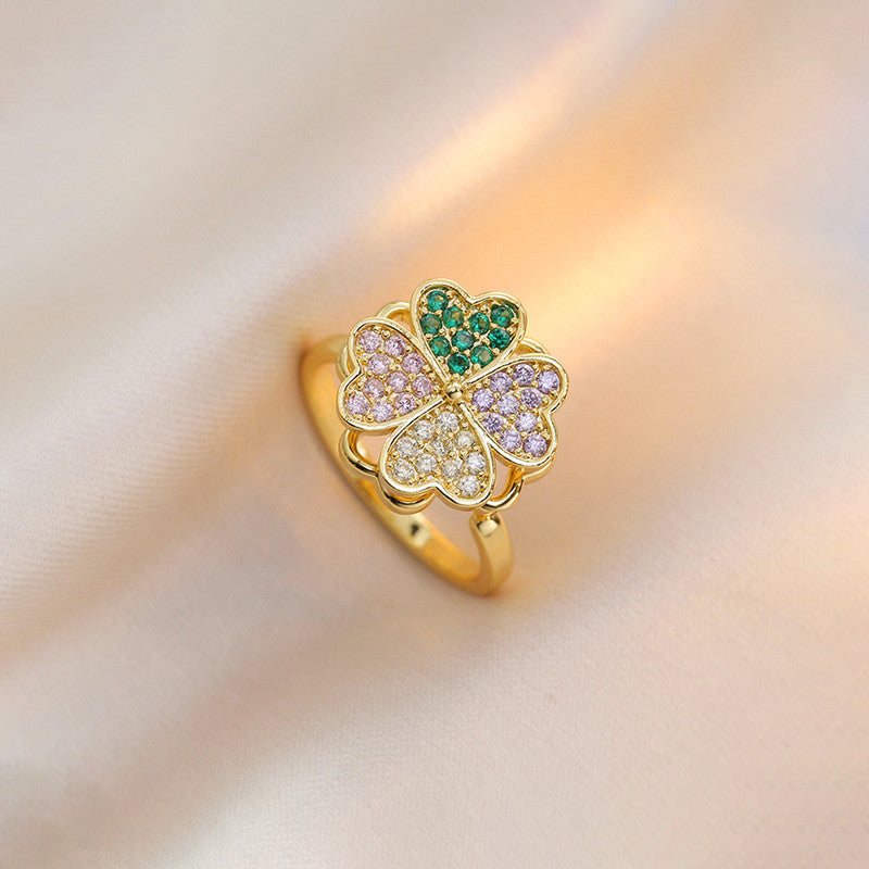 Gold-Plated Crystal Four Leaf Clover Ring