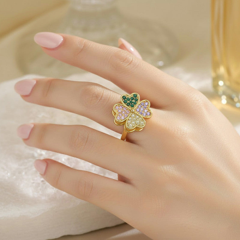 Gold-Plated Crystal Four Leaf Clover Ring