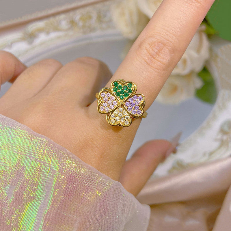 Gold-Plated Crystal Four Leaf Clover Ring