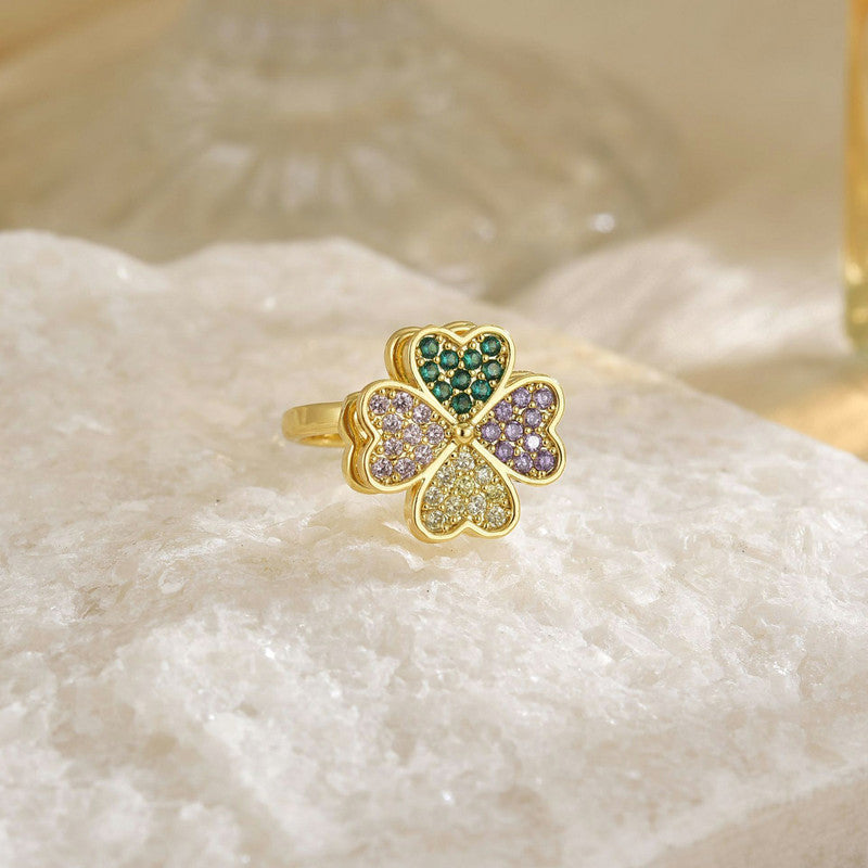 Gold-Plated Crystal Four Leaf Clover Ring