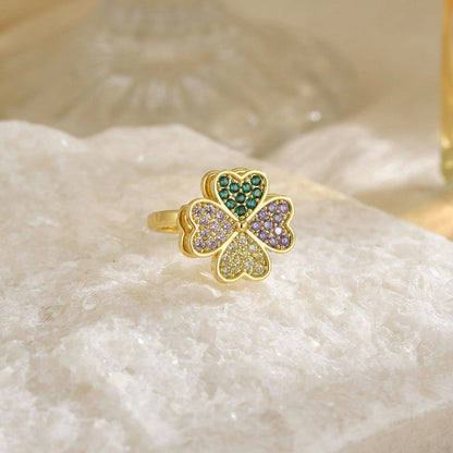 Gold-Plated Crystal Four Leaf Clover Ring