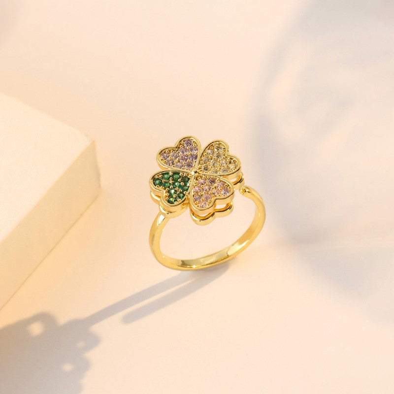 Gold-Plated Crystal Four Leaf Clover Ring