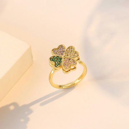 Gold-Plated Crystal Four Leaf Clover Ring
