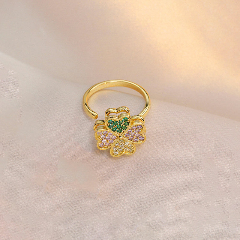 Gold-Plated Crystal Four Leaf Clover Ring