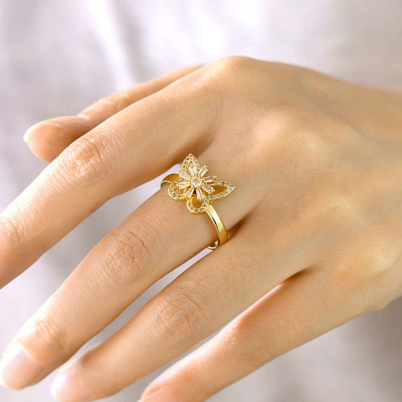 Gold-Plated Crystal Butterfly Ring