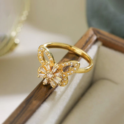 Gold-Plated Crystal Butterfly Ring