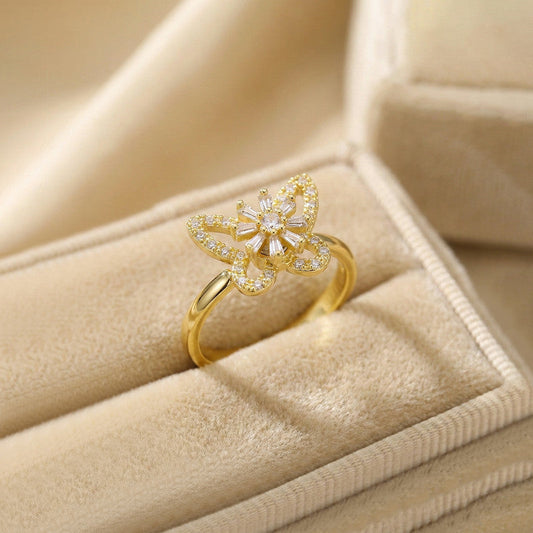 Gold-Plated Crystal Butterfly Ring